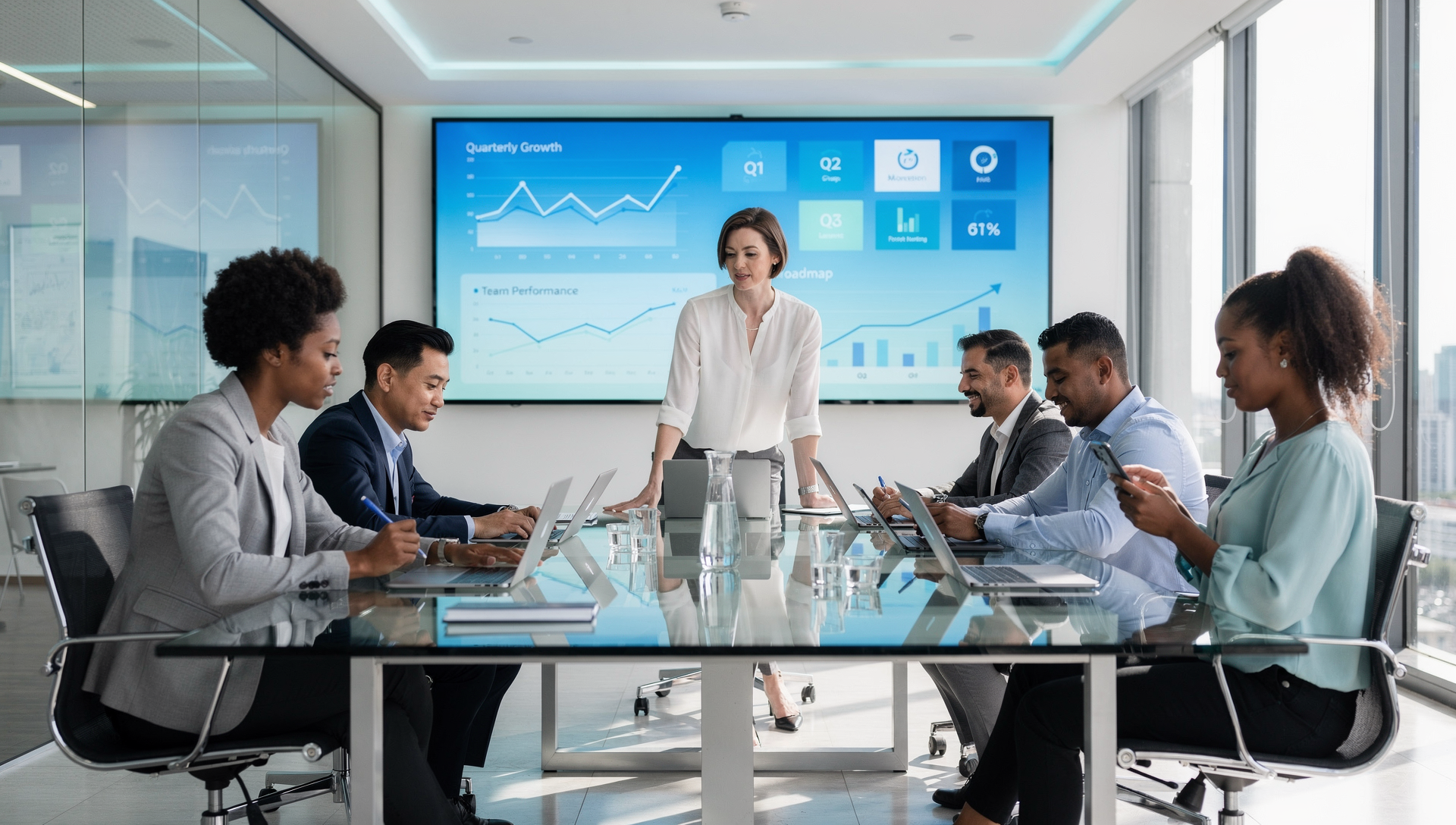 Equipo empresarial analizando oportunidades de crecimiento con inteligencia artificial