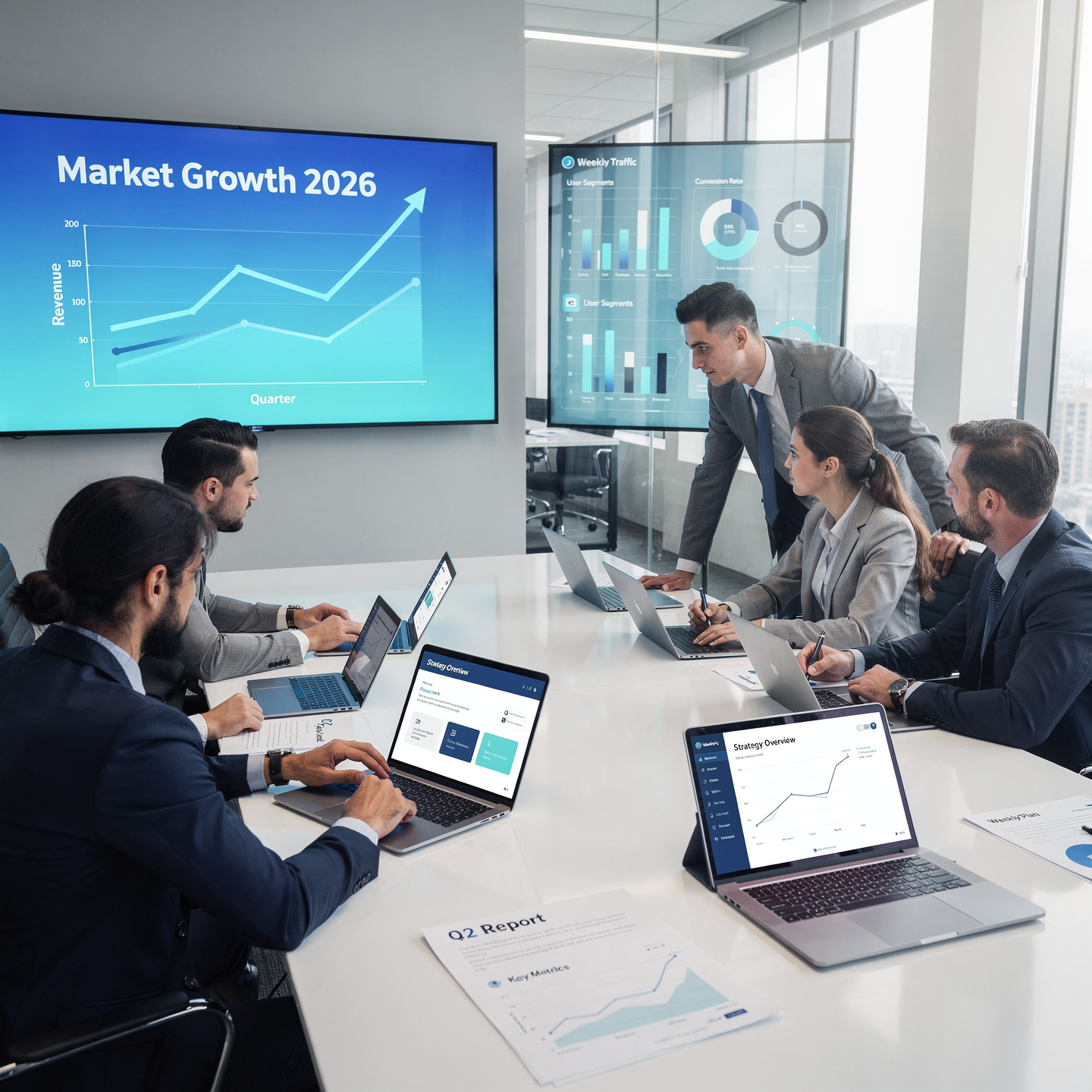 Equipo preparando una estrategia empresarial basada en datos